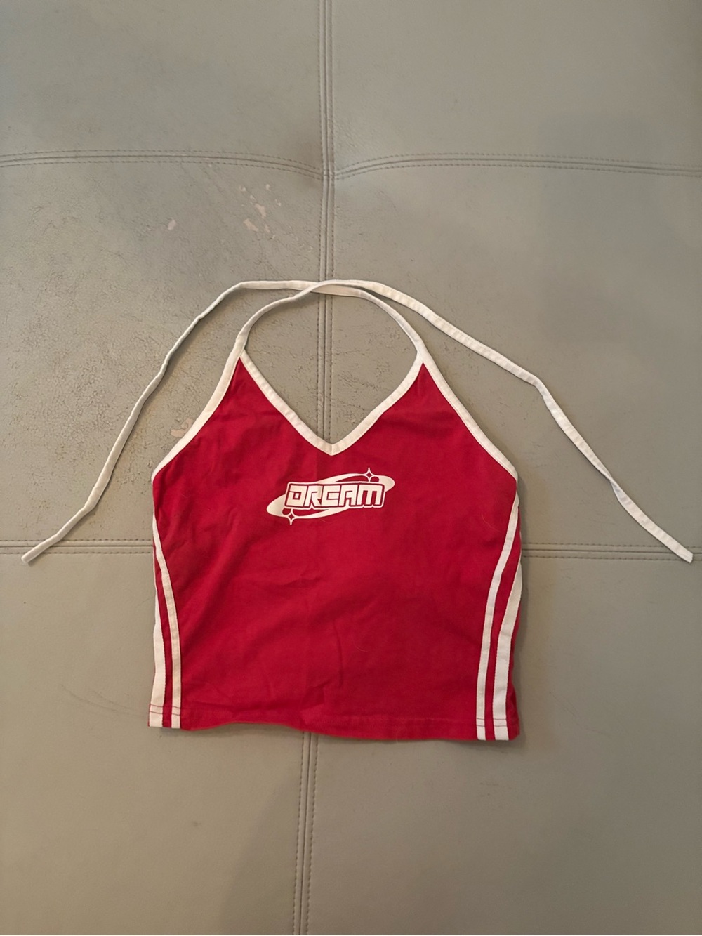 SHEIN Red Halter Crop Top with White Trim and 'Dream' Graphic